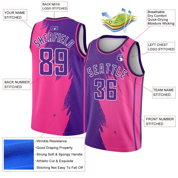 Pink Purple-White Abstract Brush Splash Authentic City Edition Personalized Basketball Jersey - Image 2