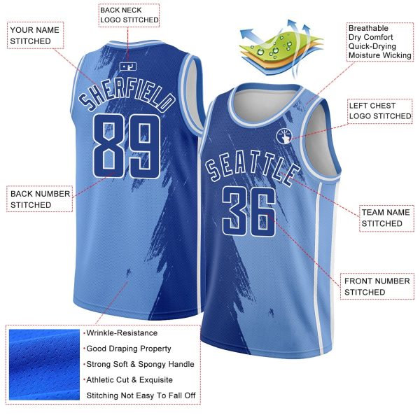 Light Blue Royal-White Abstract Brush Splash Authentic City Edition Personalized Basketball Jersey - Image 2