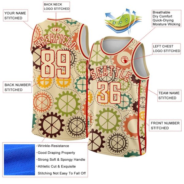 Cream Red 3D Pattern Design Vintage Gears Authentic Personalized Basketball Jersey - Image 2