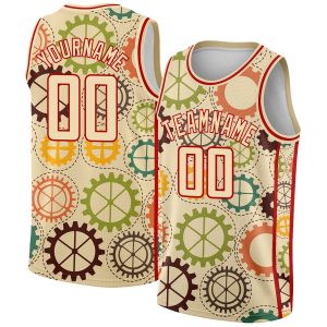Cream Red 3D Pattern Design Vintage Gears Authentic Personalized Basketball Jersey