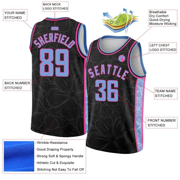 Black Light Blue-Pink Flowers Authentic City Edition Personalized Basketball Jersey - Image 2