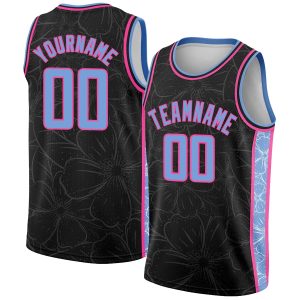 Black Light Blue-Pink Flowers Authentic City Edition Personalized Basketball Jersey