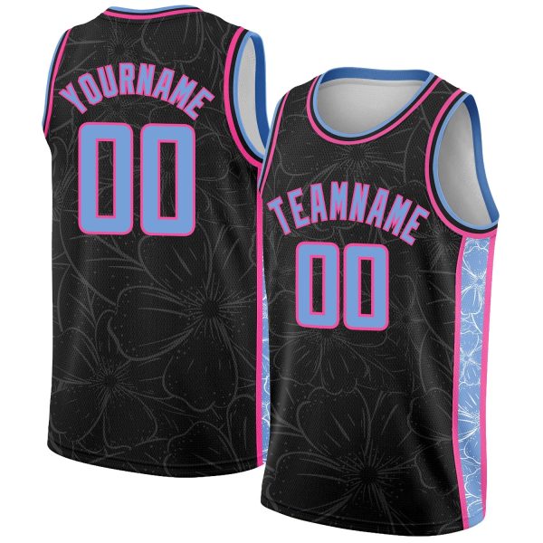 Black Light Blue-Pink Flowers Authentic City Edition Personalized Basketball Jersey