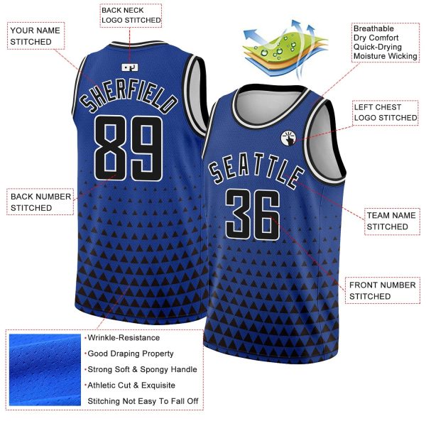 Royal Black-White Triangle Shapes Authentic City Edition Personalized Basketball Jersey - Image 2