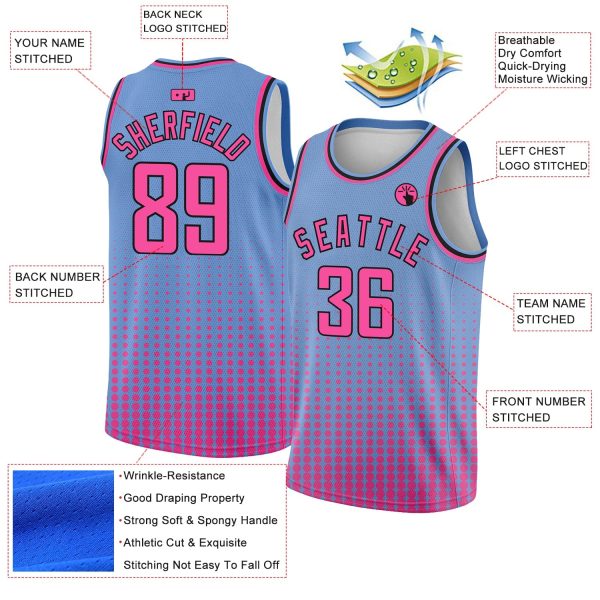 Light Blue Pink-Black Halftone Authentic City Edition Personalized Basketball Jersey - Image 2
