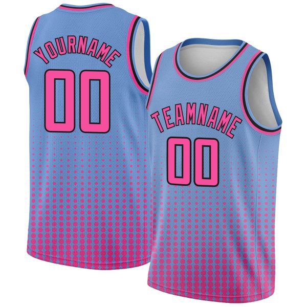 Light Blue Pink-Black Halftone Authentic City Edition Personalized Basketball Jersey