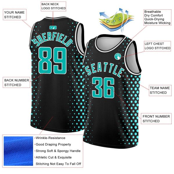 Black Aqua-White Halftone Authentic City Edition Personalized Basketball Jersey - Image 2