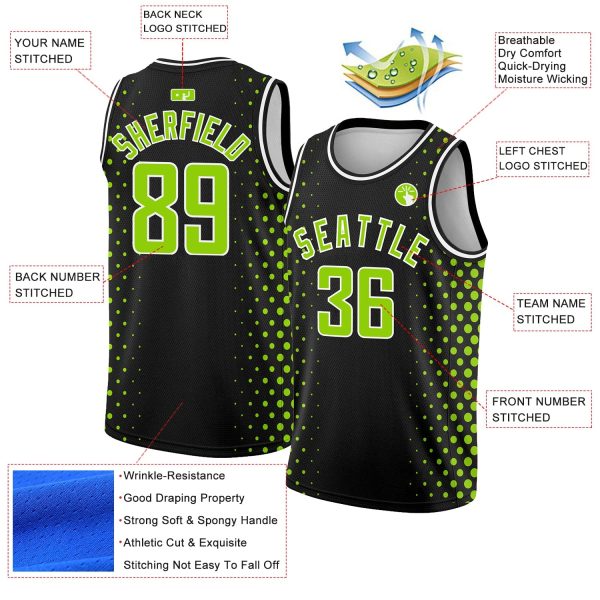 Black Neon Green-White Halftone Authentic City Edition Personalized Basketball Jersey - Image 2