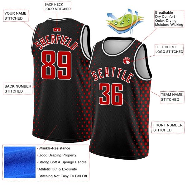 Black Red-White Halftone Authentic City Edition Personalized Basketball Jersey - Image 2