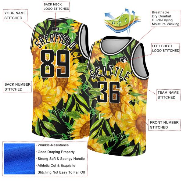 Black Gold-White 3D Pattern Design Sunflowers Authentic Personalized Basketball Jersey - Image 2