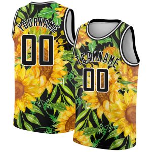 Black Gold-White 3D Pattern Design Sunflowers Authentic Personalized Basketball Jersey