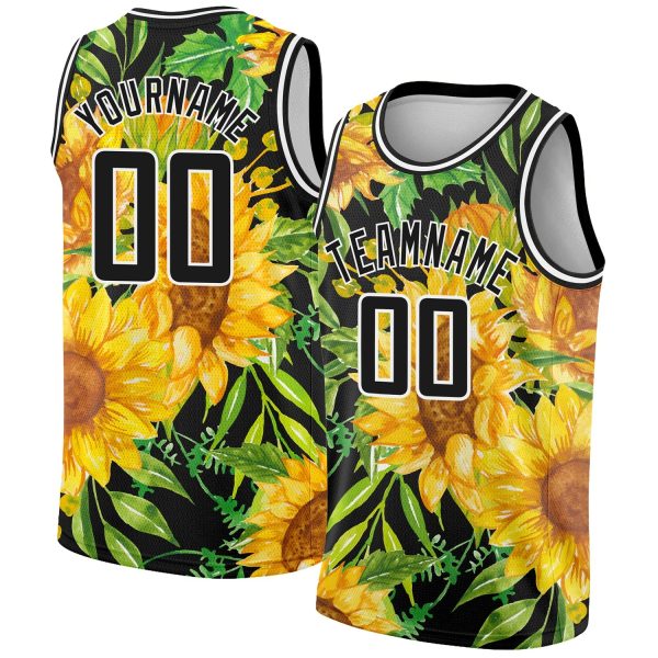 Black Gold-White 3D Pattern Design Sunflowers Authentic Personalized Basketball Jersey