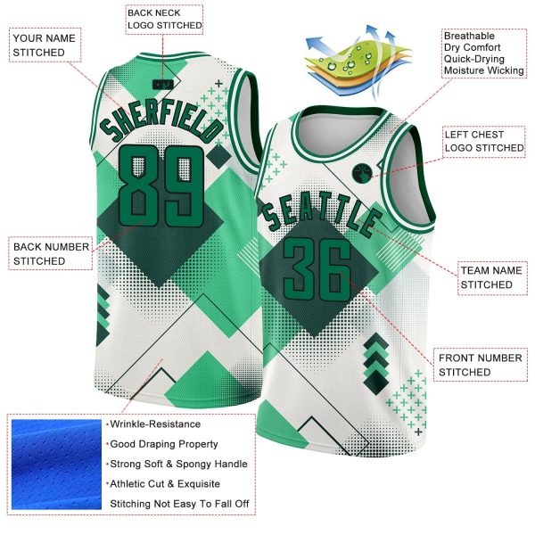 White Kelly Green-Black 3D Pattern Design Geometric Shapes Authentic City Edition Personalized Basketball Jersey - Image 2