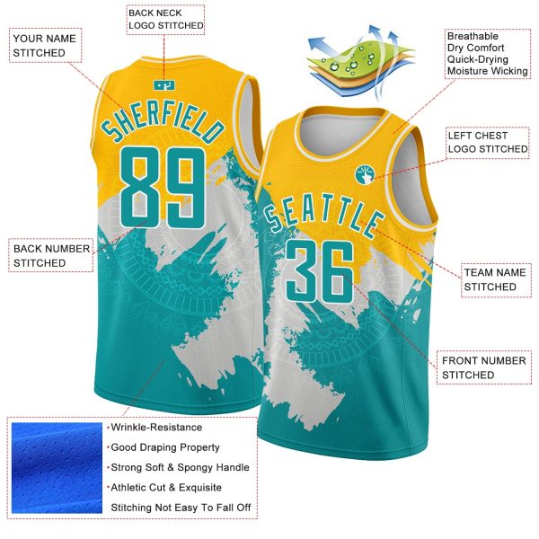 Gold Aqua-White 3D Pattern Design Religion Authentic Personalized Basketball Jersey - Image 2