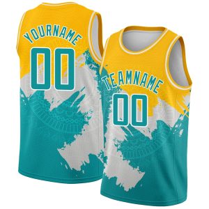 Gold Aqua-White 3D Pattern Design Religion Authentic Personalized Basketball Jersey