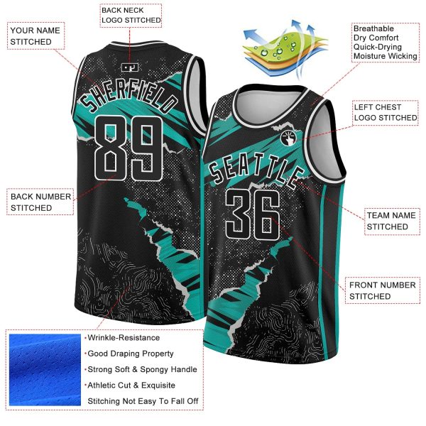 Black Aqua-White 3D Pattern Design Torn Paper Style Authentic Personalized Basketball Jersey - Image 2