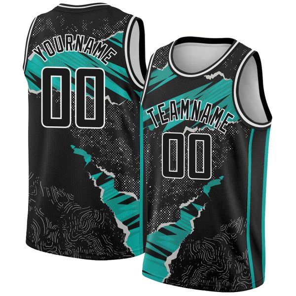 Black Aqua-White 3D Pattern Design Torn Paper Style Authentic Personalized Basketball Jersey