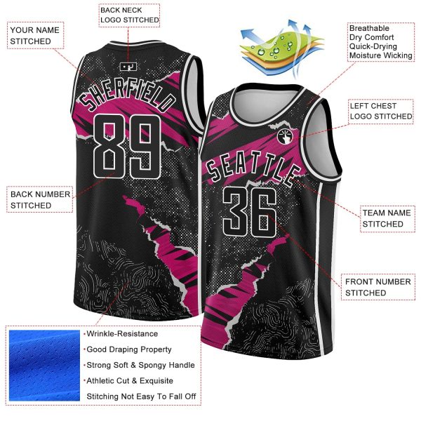 Black Deep Pink-White 3D Pattern Design Torn Paper Style Authentic Personalized Basketball Jersey - Image 2