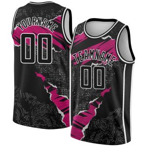 Black Deep Pink-White 3D Pattern Design Torn Paper Style Authentic Personalized Basketball Jersey