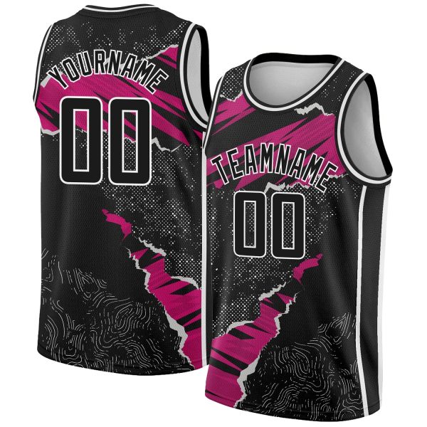 Black Deep Pink-White 3D Pattern Design Torn Paper Style Authentic Personalized Basketball Jersey