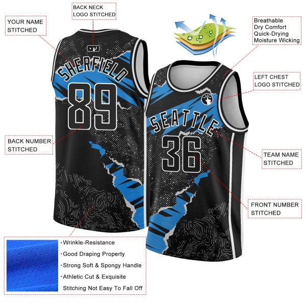 Black Blue-White 3D Pattern Design Torn Paper Style Authentic Personalized Basketball Jersey - Image 2
