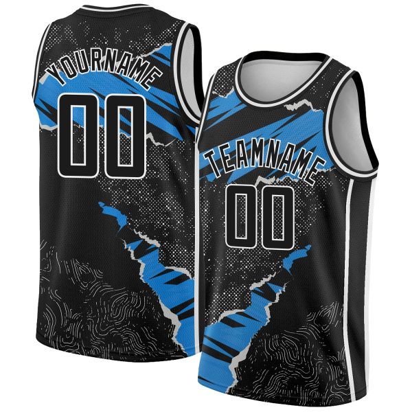Black Blue-White 3D Pattern Design Torn Paper Style Authentic Personalized Basketball Jersey