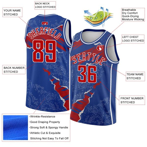 Royal Red-White 3D Pattern Design Torn Paper Style Authentic Personalized Basketball Jersey - Image 2