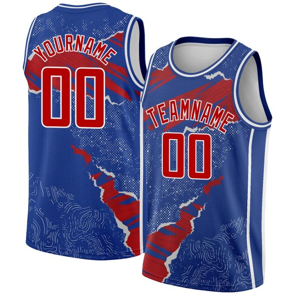 Royal Red-White 3D Pattern Design Torn Paper Style Authentic Personalized Basketball Jersey