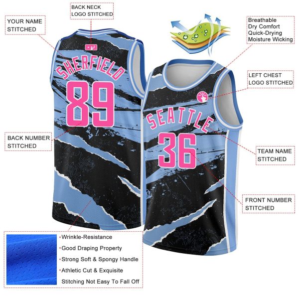 Black Pink-Light Blue 3D Pattern Design Torn Paper Style Authentic Personalized Basketball Jersey - Image 2