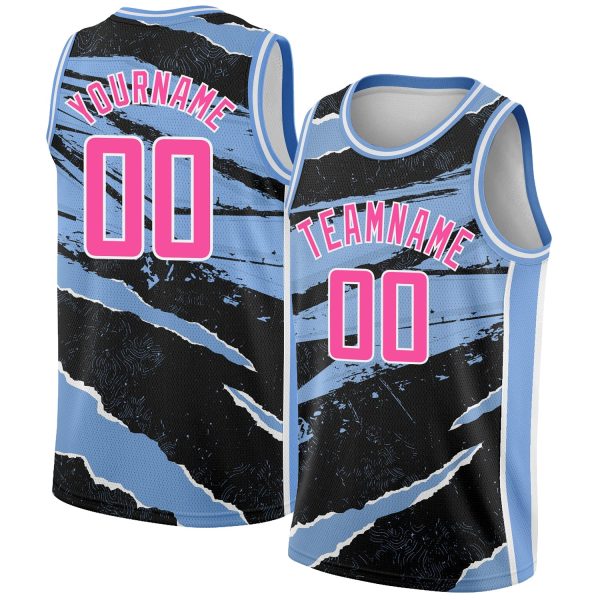 Black Pink-Light Blue 3D Pattern Design Torn Paper Style Authentic Personalized Basketball Jersey