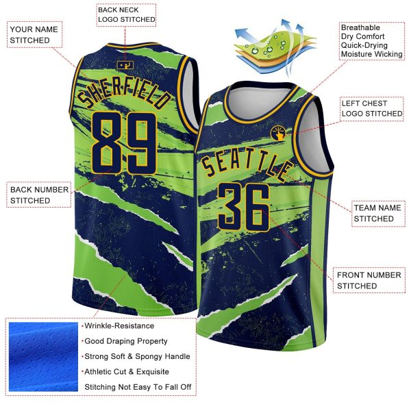 Navy Neon Green-Gold 3D Pattern Design Torn Paper Style Authentic Personalized Basketball Jersey - Image 2