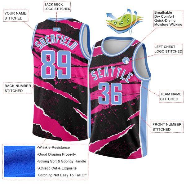 Black Light Blue-Pink 3D Pattern Design Torn Paper Style Authentic Personalized Basketball Jersey - Image 2