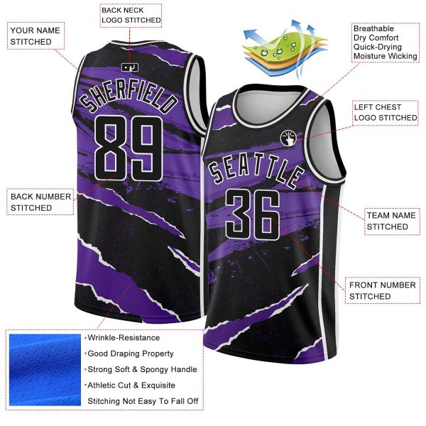 Black Purple-White 3D Pattern Design Torn Paper Style Authentic Personalized Basketball Jersey - Image 2