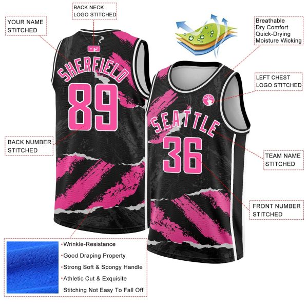 Black Pink-White 3D Pattern Design Torn Paper Style Authentic Personalized Basketball Jersey - Image 2
