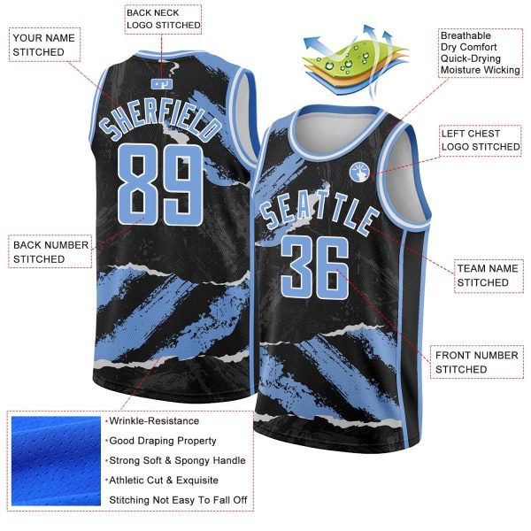 Black Light Blue-White 3D Pattern Design Torn Paper Style Authentic Personalized Basketball Jersey - Image 2