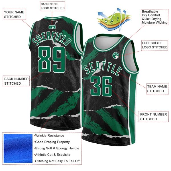 Black Kelly Green-White 3D Pattern Design Torn Paper Style Authentic Personalized Basketball Jersey - Image 2