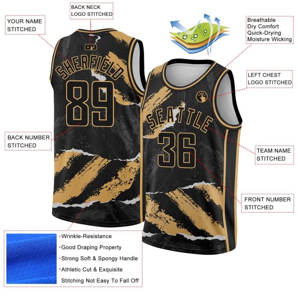 Black Old Gold 3D Pattern Design Torn Paper Style Authentic Personalized Basketball Jersey - Image 2