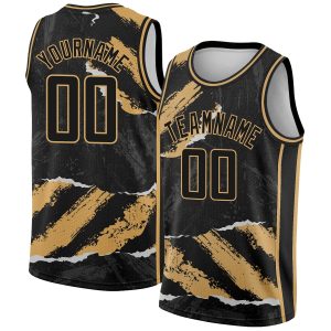 Black Old Gold 3D Pattern Design Torn Paper Style Authentic Personalized Basketball Jersey