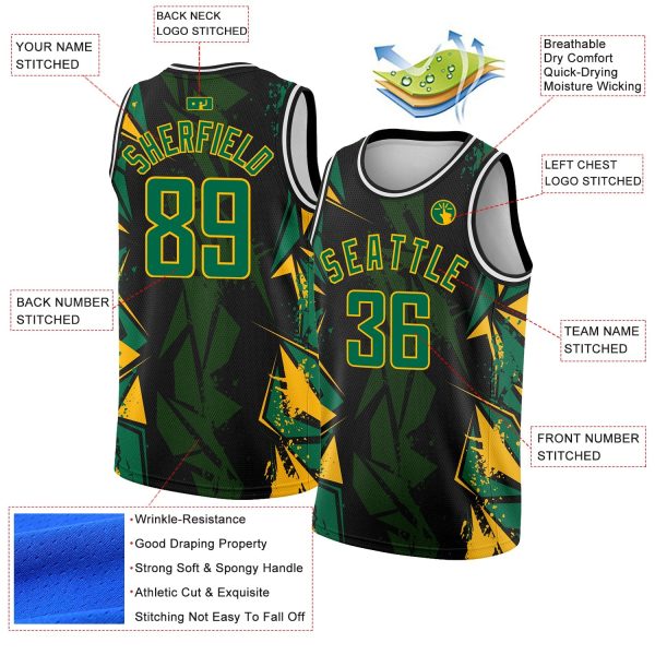 Black Kelly Green-Gold 3D Pattern Design Geometric Shapes Authentic Custom  Basketball Jersey - Image 2