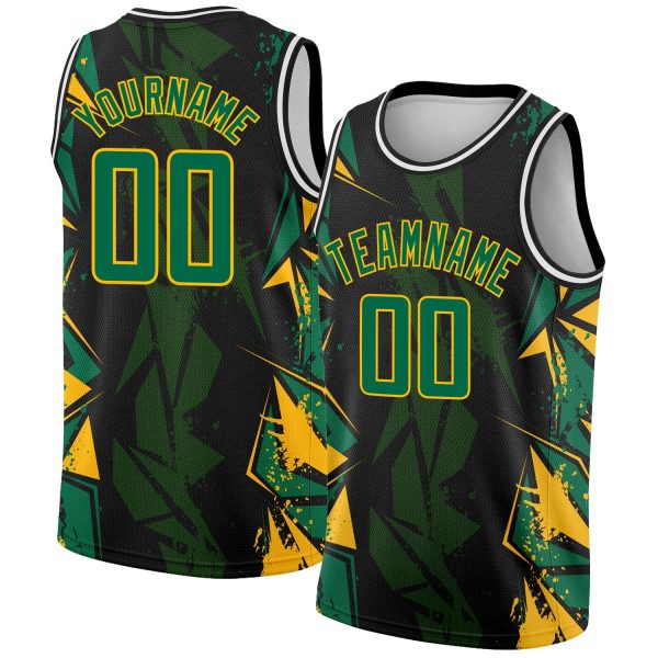 Black Kelly Green-Gold 3D Pattern Design Geometric Shapes Authentic Custom  Basketball Jersey