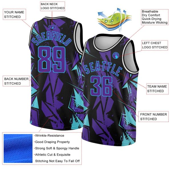 Black Purple-Sky Blue 3D Pattern Design Geometric Shapes Authentic Personalized Basketball Jersey - Image 2