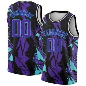 Black Purple-Sky Blue 3D Pattern Design Geometric Shapes Authentic Personalized Basketball Jersey