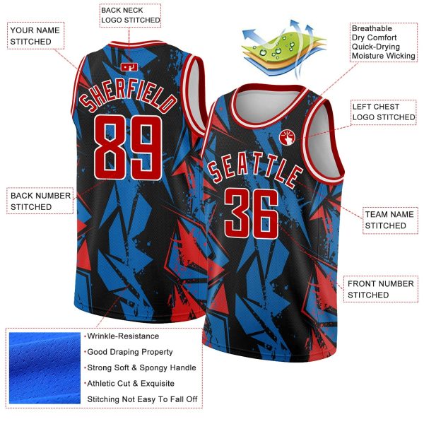 Black Red-Blue 3D Pattern Design Geometric Shapes Authentic Personalized Basketball Jersey - Image 2