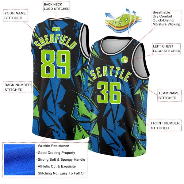 Black Neon Green-Blue 3D Pattern Design Geometric Shapes Authentic Custom  Basketball Jersey - Image 2
