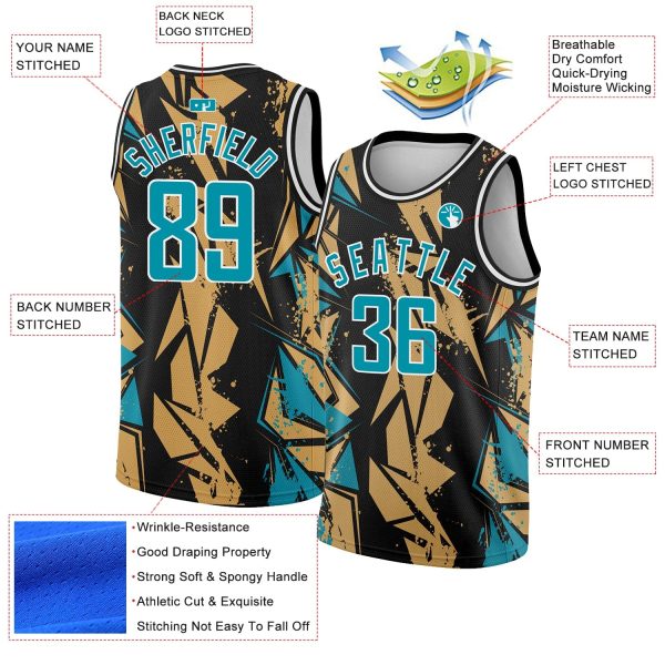 Black Panther Blue-Old Gold 3D Pattern Design Geometric Shapes Authentic Personalized Basketball Jersey - Image 2