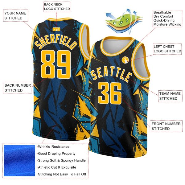 Black Gold-Blue 3D Pattern Design Geometric Shapes Authentic Personalized Basketball Jersey - Image 2