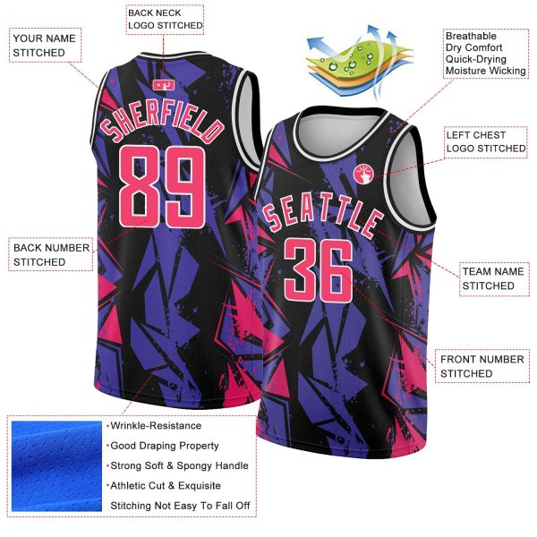 Black Pink-Purple 3D Pattern Design Geometric Shapes Authentic Personalized Basketball Jersey - Image 2