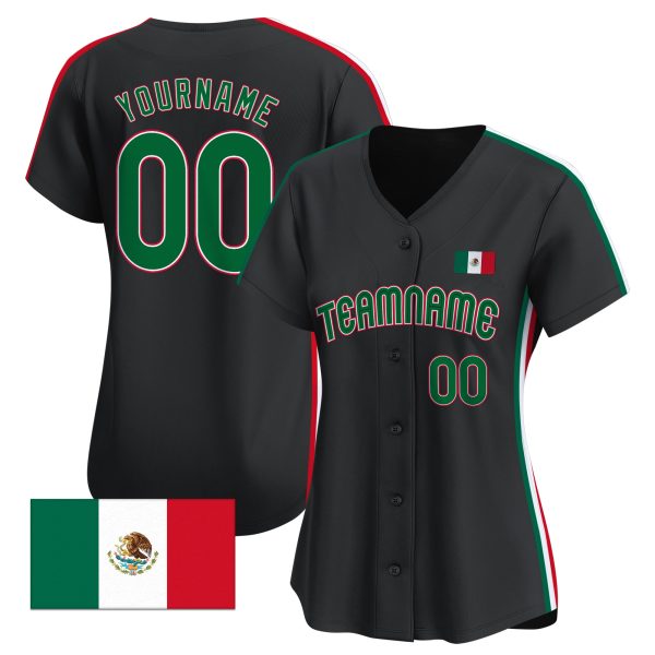 Black Green - Red Mexican Flag Stripes Personalized Baseball Jersey - Image 2