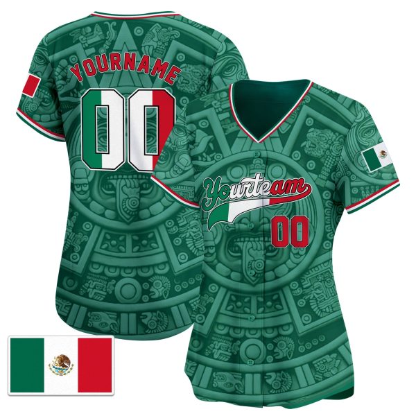 3D Green Red White Aztec Mexico Pattern Personalized Baseball Jersey - Image 2