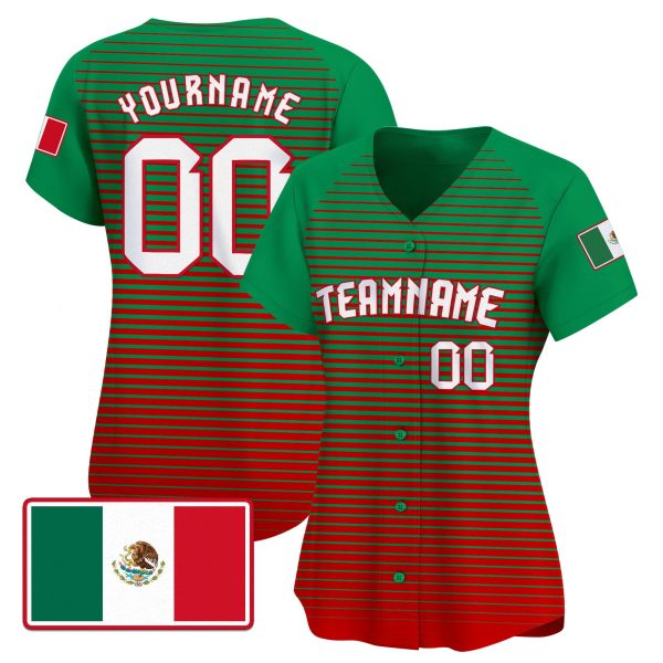 Green Red White - Red Mexico Horizontal Line Pattern Personalized Baseball Jersey - Image 2